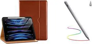 DTTO iPad Pro 12.9 6th / 5th / 4th / 3rd Generation Case 2022/2021/2020/2018, Premium Leather Folio Stand Case Brown with Stylus Pen Grey