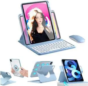 Vertical iPad 10th Generation Case with Keyboard and Mouse Combo, 2022 iPad 10 Keyboard Case with Mouse and Pencil Holder, Magnetic Rotating Detachable Clear Case (Magnetic-Blue)