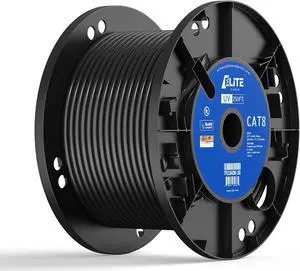 Elite Cat8 250ft Outdoor/Indoor Cable, UV Resistant, 40Gb, 2000MHz, CMR/Riser + UV/Outdoor, High Speed, Pure Solid Copper, Easy Pull Reel, Black