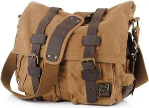 JONON Vintage Military Men Canvas Messenger Bag for 13.3-17" Laptop (Size 14.7", Brown)