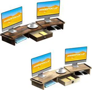 ErgoFocus Dual Monitor Stand Riser with Drawer-Adjustable Length and Angle (Rust Brown +Oak)