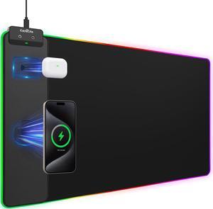 RGB Gaming Mouse Pad with 15W Wireless Charging, LED Mouse Pad with Dual Wireless Charger for iPhone/Airpods, 31.5"x15.7" XXL Large Desk Mat, 13 Light Modes, Magnetic Charging, Non Slip Base, Black