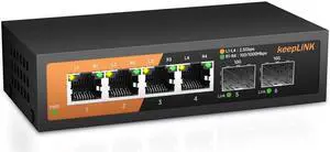 keepLiNK 6-Port 2.5G Switch Unmanaged, 4 x 2.5GBASE-T Ports & 2 x 10GBASE-T SFP Slots, 60Gbps Switching Capacity, Plug & Play/Wall Mountable/Fanless Metal, Compatible with 1000Mbps Devices