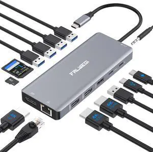 USB C Laptop Docking Station Dual Monitor, 14 in 1 USB C Hub Multiport Adapter Dongle with 2 HDMI, DisplayPort, RJ45, SD/TF, USB C/A Ports, PD, Mic/Audio, Compatible for MacBook Dell HP Lenove