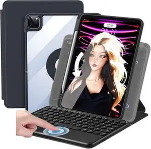 AnMengXinLing iPad 10.2 inch 9th/8th/7th Generation Keyboard Case, 3 in1 Magnetic Rotating Detachable Transparent Cover with Pencil Holder and Round Keys Touchpad Keyboard (Black)