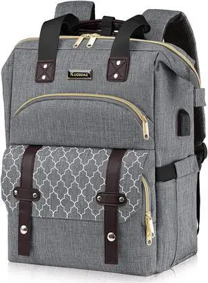 Kuosdaz Travel Backpack for Women Men, Large Wide Open Womens Backpack for Work, Water Resistant Collage Backpack with USB Port, 17.3 Inch School Bookbag Computer Bag for Doctor Teacher Nurse, Grey