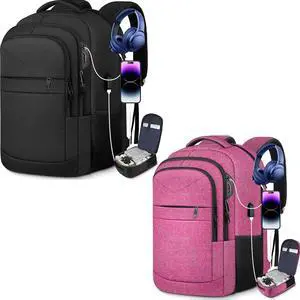 Lapsouno Travel Laptop Backpack,17.3 Inch Business Laptop Backpack with USB Charging Port Sturdy Water Resistant Business Bookbag for Women Men College School,couple backpack (Black+Pink)