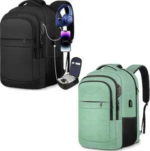 Lapsouno Travel Laptop Backpack, Sturdy Large 17 inch Carry on Travel Backpack,TSA Flight Approved Carry on BackpackAnti-Theft USB School Bag (Black+Lake Green)