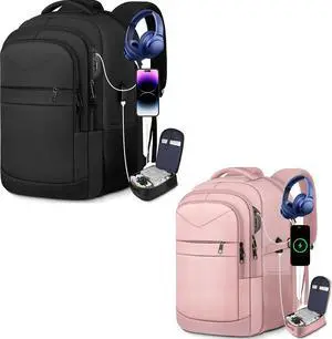 Lapsouno Travel Laptop Backpack,17.3 Inch Business Laptop Backpack with USB Charging Port Sturdy Water Resistant Business Bookbag for Women Men College School,couple backpack (Black+Light Pink)