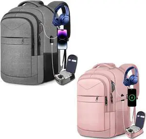 Lapsouno Travel Laptop Backpack,Sturdy Large 17 inch Carry on Travel Backpack,TSA Flight Approved Business Backpack,Waterproof Anti-Theft USB College Backpack,Backpack for Men Women (Grey+Light Pink)