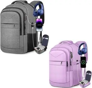 Lapsouno Travel Laptop Backpack,Sturdy Large 17 inch Carry on Travel Backpack,TSA Flight Approved Business Backpack,Anti-Theft USB College Backpack,Backpack for Men Women (Grey+Light Purple)