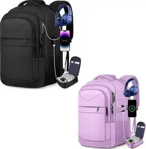 Lapsouno Travel Laptop Backpack,17.3 Inch Business Laptop Backpack with USB Charging Port Sturdy Water Resistant Business Bookbag for Women Men College School,couple backpack (Black+Light Purple)