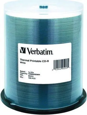 Verbatim CD-R 700MB 52X White Thermal Printable Recordable Media Disc - 100pk Spindle