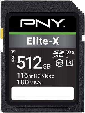 PNY 512GB Elite-X Class 10 U3 V30 SDXC Flash Memory Card - 100MB/s, Class 10, U3, V30, 4K UHD, Full HD, UHS-I, Full Size SD