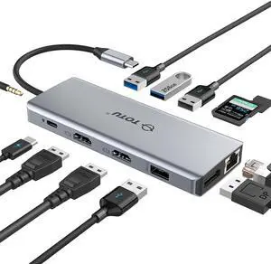 USB C HUB, Upgraded TOTU 13 in 1 Type C Hub Dongle Adapter (4K Dual HDMI&DP,75W PD), Triple Display Docking Station for Windows&MacBook Pro USB C Systems, macOS only Support Mirror Display