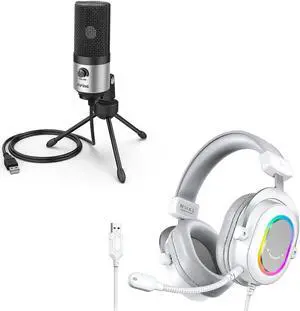 FIFINE Voice Over Microphone and PS5 Headset, USB PC Computer Mic with Gain Control, White Gaming Headset with 7.1 Surround Sound for Zoom Video Meeting on Windows/Mac/PS4/PS5 (K669S+H6W)