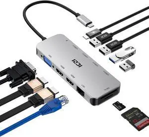 USB C Docking Station Dual Monitor, ICZI 11 in 1 Triple Display USB C Hub Multiport Adapter for MacBook/Dell/HP/Lenovo/Surface Pro Laptop, USB C Dongle(2 HDMI 4K+VGA+100W PD+4 USB Port+Ethernet+SD/TF)