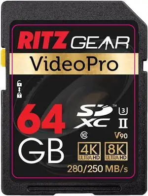 Ritz Gear 64GB High-Speed SDXC UHS-II SD Card, C10, U3, V90, Full-HD & 8K Memory Card for DSLR, Cinema-Quality Video Cameras