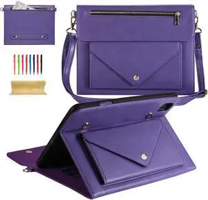 Dteck Business Case for iPad Pro 11 Inch 4th/3rd/2nd/1st Gen,iPad Air 11 Inch Case,iPad Air 4th/5th Gen Case,PU Leather Flip Stand Cover Pencil Holder Zipper Pocket Bag Strap Protective Case,Purple