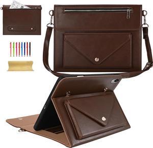 Dteck iPad 9th/8th/7th Generation 10.2 Inch Case 2021/2020/2019,Premium PU Leather Folio Stand Pockets Cover with Apple Pencil Holder Shoulder Hand Strap Full Protective Handbag Business Gift,Coffee