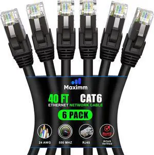 Maximm Cat 6 Ethernet Cable 40 ft (6-Pack) - High-Speed LAN Cable, Internet Cable, Patch Cable, and Network Cable - UTP, 10Gbps, 550MHz Ethernet Cord - Black