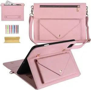 Dteck Case for iPad Air 13 (M2) 2024/iPad Pro 12.9 inch 6th/5th/4th/3rd Generation,Premium PU Leather Folio Stand Cover Pencil Holder Zipper Pocket Strap Bag Shockproof Protective Business Case,Pink