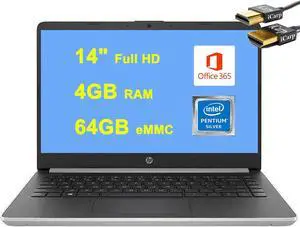 HP 14 Laptop Computer 14" Full HD IPS Display Intel Pentium Silver Quad-Core N5000 4GB DDR4 64GB eMMC USB-C HDMI BT 5.0 Office 365 Win10 + HDMI Cable