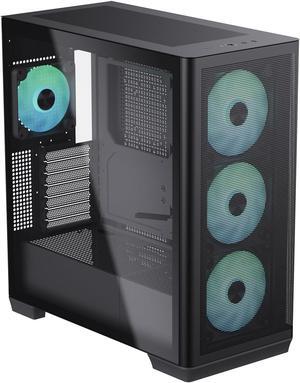 APNX C1 Mid-Tower ATX Black PC Case, 4 Included High Airflow APNX FP1 ARGB Fans, up to 11 Total Fan Slots, Top and Side 360mm Liquid Cooler Support, 5-port PWM ARGB Control Hub