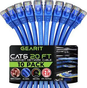 GearIT Cat 6 Ethernet Cable 20 ft (10-Pack) - Cat6 Patch Cable, Cat 6 Patch Cable, Cat6 Cable, Cat 6 Cable, Cat6 Ethernet Cable, Network Cable, Internet Cable - Blue 20 Feet