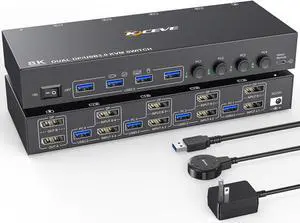 KVM Switch 4 Computer 2 Monitors, KCEVE Dual Monitors Displayport USB 3.0 KVM Switcher, Supports 4K@60Hz for 4 DP Computers Share 2 DP Monitors, Keyboard and Mouse