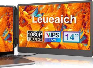 Leudaich 14'' Laptop Monitor Extender for Dual Monitor Display, FHD IPS Portable Monitor for 13"-16" Laptops, HDMI/USB-A/Type-C Plug-Play Dual-Screen for Windows, Chrome, Mac and Switch