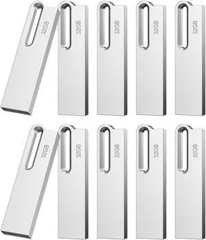 Aiibe 32GB Metal USB Flash Drive 10 Pack, Waterproof & Durable, USB 2.0, Silver