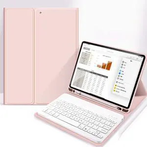 Aoub Case for iPad 6th/5th Generation 9.7 inch, iPad Air 2, iPad Air, Stand Folio Detachable Wireless Bluetooth Keyboard Cover Soft TPU Back Case with Pencil Holder for iPad 9.7", Baby Pink