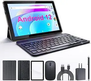 ATOZEE NV10 10.1 Inch Android 12 Tablet with Keyboard, 10 inch tablets include Mouse Stylus Tempered Film, 2GB RAM, 32GB ROM, 512GB Expandable Tablet, 8MP Dual Camera, WiFi BT, Google Tablet PC
