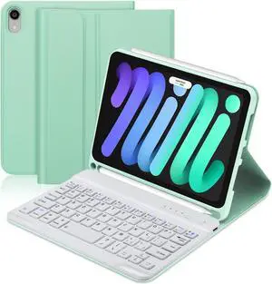 BORIYUAN iPad Mini 6 Keyboard Case 2021, Detachable Wireless Bluetooth Keyboard Slim Folio Smart Cover with Build-in Pencil Holder for iPad Mini 6th Generation 8.3 inch - Light Green