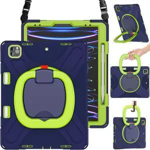 BRAECN iPad Pro 12.9 Case 2022 6th Generation/2021 5th Gen: Military Grade Silicone Protective Cover for iPad 12.9" 4th/3th Gen w/Pencil Holder, Kickstand, Swivel Handle, Shoulder Strap, Navy Green