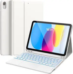 CHESONA Touchpad iPad 10th Generation Case with Keyboard (10.9", 2022), 7 Color Backlight, Multi-Touch Trackpad, Flip Stand Case with Pencil Holder, 2 Bluetooth Channels for New iPad 10th 2022, White