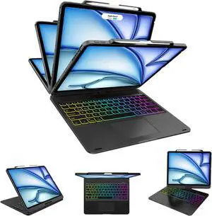 D DINGRICH 360deg Rotating Keyboard for iPad Pro 12.9 Inch - Compatible with iPad Pro 6th Generation 2022/5th 2021/4th 2020/3rd 2018 Gen, Trackpad, Rainbow Backlit with Pencil Holder, Auto Sleep/Wake