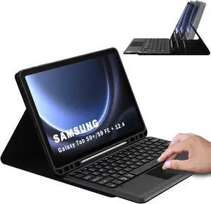 DOMEUN Keyboard Case for 12.4 inch Samsung Galaxy Tab S9 FE Plus/S9 Plus 2023 Tablet - Multi-Touch Trackpad + S Pen Holder + Silicone Back Cover + Detachable Wireless Keyboard Folio Tablet Case
