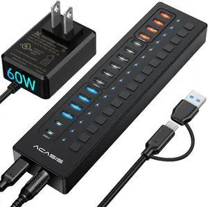 Powered USB Hub, ACASIS 16 Port 60W USB Hub 3.0 with 4*USB A Smart Charging, 2*USB C 3.0, 10*USB A, Wall Mountable USB Hub, Individual On/Off Switches, 12V/5A DC Power Adapter for Laptops, PC