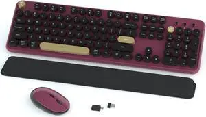 Colorful Wireless Keyboard and Mouse Combos, Retro Keyboard and Mouse Wireless Full Size, 2.4Ghz Connection and Optical Mouse for Windows, Mac, PC, Laptop for Home and Office (Burgundy-Black)