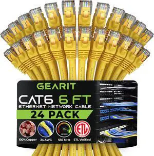 GearIT Cat 6 Ethernet Cable 6 ft (24-Pack) - Cat6 Patch Cable, Cat 6 Patch Cable, Cat6 Cable, Cat 6 Cable, Cat6 Ethernet Cable, Network Cable, Internet Cable - Yellow 6 Feet