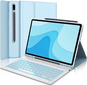 Galaxy Tab S7 FE Case with Keyboard(5G)12.4 inch,Detachable Wireless Keyboard| Smart 7 Color Backlit Keyboard|Slim Folio Stand with S Pen Holder for Tab S8 Plus 2022/S7 FE 2021/S7 Plus 2020 Light Blue