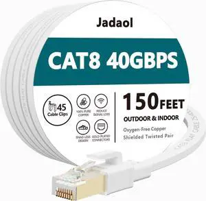 Cat8 Ethernet Cable 150 ft (45.72m), Outdoor&Indoor, Flat 40Gbps 2000MHz S/FTP Cable, Heavy Duty Internet Cord, UV Resistant Weatherproof Shielded RJ45 for Router, Modem, Switch, Gaming, PC, TV, White