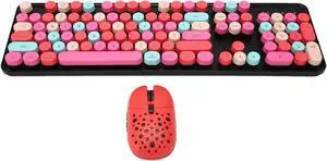 Wireless Keyboard Mouse Combo, Full Size Retro Typewriter Keyboard with Colorful Round Keycap, Portable Ergonomic Keyboard and Mouse for Computer PC Laptop Notebook (Mixed Color Red)