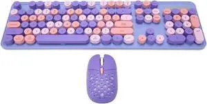 Wireless Keyboard Mouse Combo, Full Size Retro Typewriter Keyboard with Colorful Round Keycap, Portable Ergonomic Keyboard and Mouse for Computer PC Laptop Notebook (Mixed Color)
