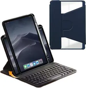 AnMengXinLing Keyboard Case for Galaxy Tab S9 Plus/ S9 FE Plus 5G 12.4 Inch with S Pen Holder,Rotating Clear Cover Case with Detachable Round Keys Keyboard for Galaxy Tablet S9+/S9 FE+, Dark Blue