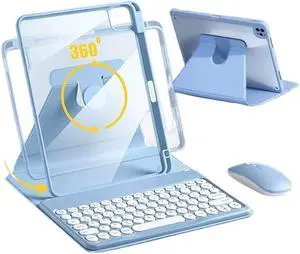 AnMengXinLing Rotating Keyboard Case for iPad 9th /8th /7th Gen 10.2 Inch, iPad 9 2021/iPad 8 2020 /iPad 7 2019 Case with Detachable Keyboard Mouse,Clear Cover with Pencil Holder, Blue
