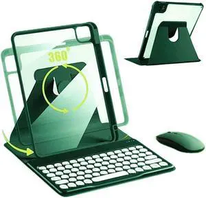 AnMengXinLing iPad 10th Gen 2022 Case with Keyboard and Mouse, 360 Rotatable iPad 10 2022 Keyboard Case,Clear Back Shell Cover with Pencil Holder and Detachable Round Key Keyboard (Teal)