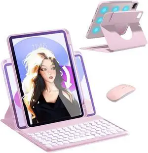 Vertical Keyboard Case for iPad 11 inch 2025(A16) with Mouse, Aslo for iPad 10 2022 with Pencil Holder, Magnetic Rotating Clear Case (Magnetic-Pink)